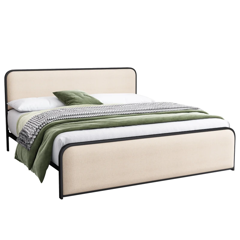 Vinsetto Modern King Size Metal Bed Frame with Curved Upholstered Headboard and Footboard, Under Bed Storage, Heavy Duty Metal Slats, Beige