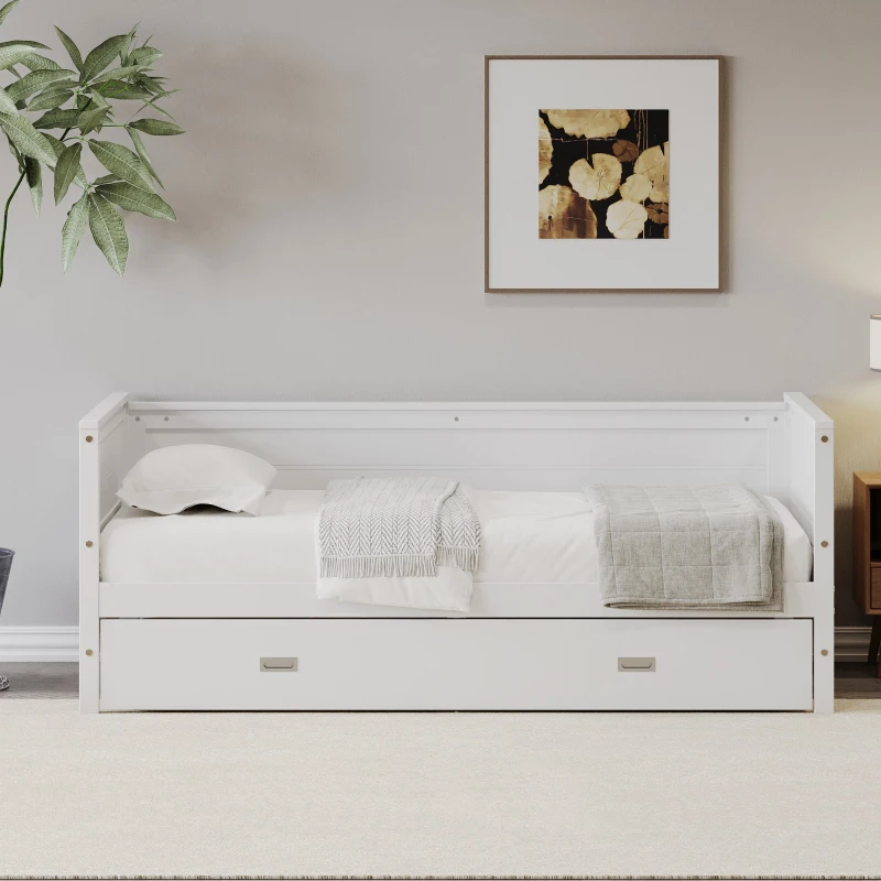 Vinsetto Twin Size Solid Wood Daybed with Trundle, Pine Wood Frame, No Box Spring Needed, Easy Assembly, 79"L x 41"W x 29.5"H, White