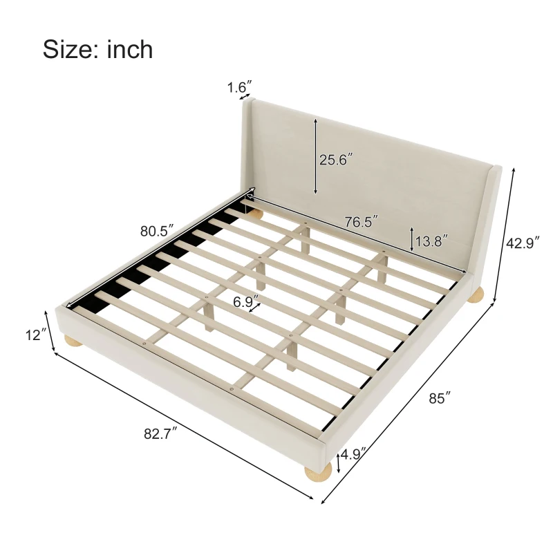 Vinsetto Modern King Size Velvet Upholstered Platform Bed with Wingback Headboard and Round Wooden Legs, No Box Spring Needed, 85”L X 82.7”W X 42.9”H, Cream