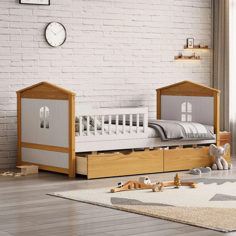 Twin Size House Shape Bed with Two Drawers, Wooden Bed Frame for Kids, No Box Spring Needed, 78.1”L x 42.3”W x 37.2”H, White+Walnut