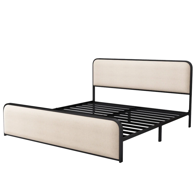 Vinsetto Modern King Size Metal Bed Frame with Curved Upholstered Headboard and Footboard, Under Bed Storage, Heavy Duty Metal Slats, Beige