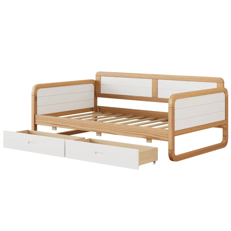 Vinsetto Twin Size Solid Wood Daybed with 2 Storage Drawers, No Box Spring Needed, Smooth Edges, Pine Wood Frame, 78.1" x 41.4" x 29.1", White+Walnut