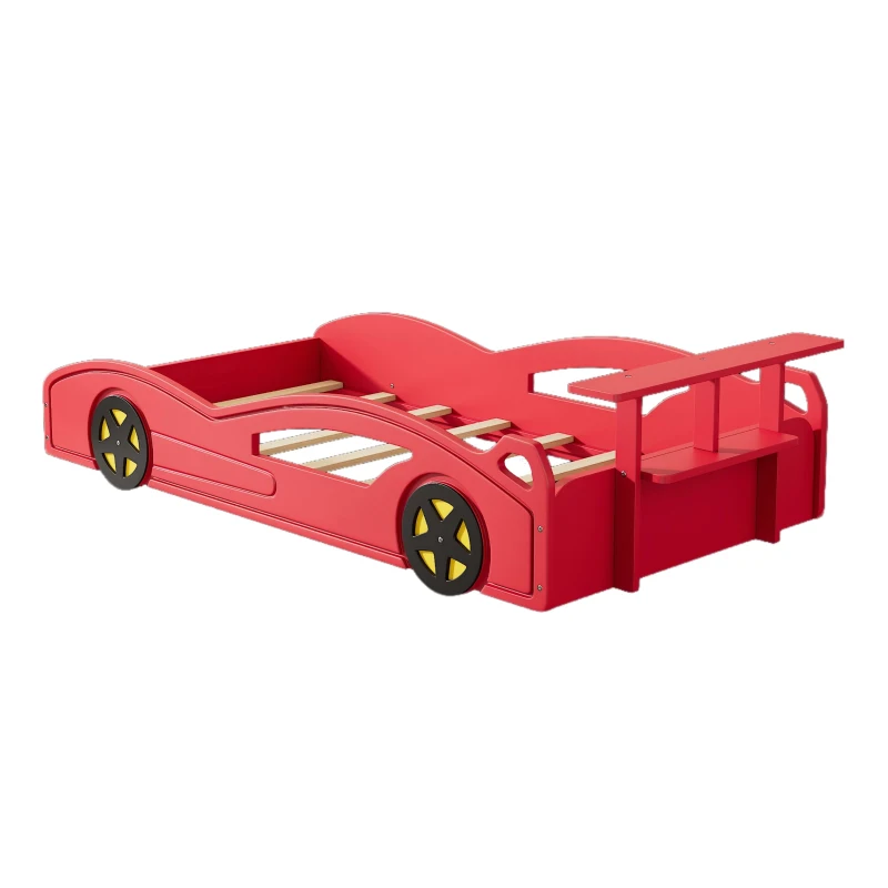 Car-Shaped Platform Twin Bed with Wheels and Storage Space, Safety Rails, and Sturdy Slats, Wooden Race Car Bed, 77.6" x 41.3" x 20.6", Red