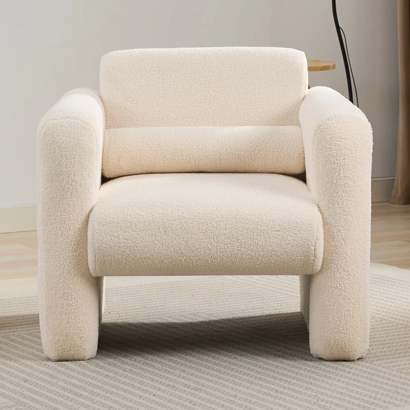 Comfy Reading Armchair with Soft Padded Cushion and Pillow for Living Room, Bedroom, Office, Modern Accent Chair, Lambskin Sherpa Fabric Upholstered, 225lbs Capacity, Cream