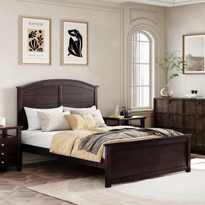 Vinsetto Farmhouse Wooden Platform Full Size Bed with Curl Design Headboard and Footboard, Sturdy Structure, Easy Assembly, No Box Spring Needed, Espresso