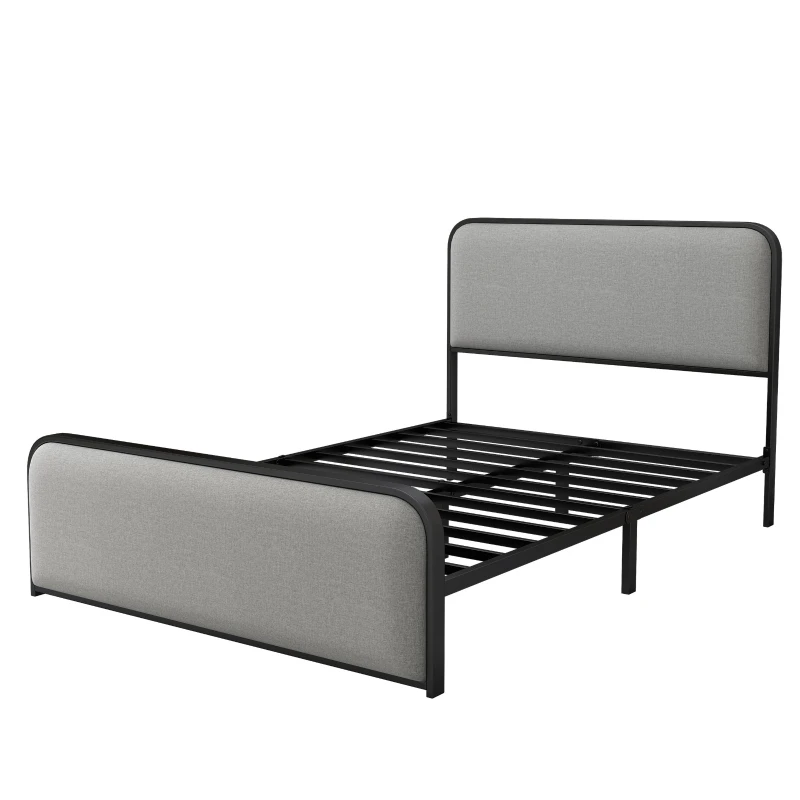 Vinsetto Modern Full Size Metal Bed Frame with Curved Upholstered Headboard and Footboard, Under Bed Storage, Heavy Duty Metal Slats, Grey