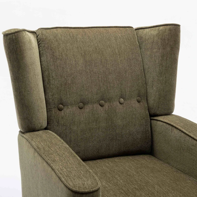Mid Century Chenille Wingback Recliner Chair with Armrest and Solid Wood Legs, Button Tufted Pushback Recliner, 34.25" x 34.25" x 41.0", Green