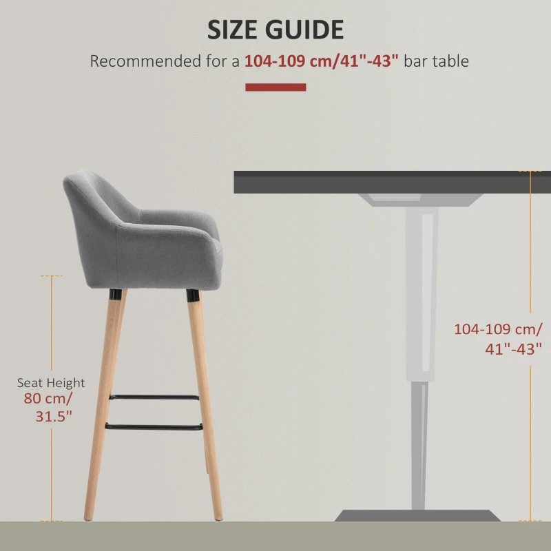 HOMCOM Modern Upholstered Fabric Seat Bar Stools Chairs Set of 2 with Metal Frame, Solid Wood Legs Living Room Dining Room Furniture Grey