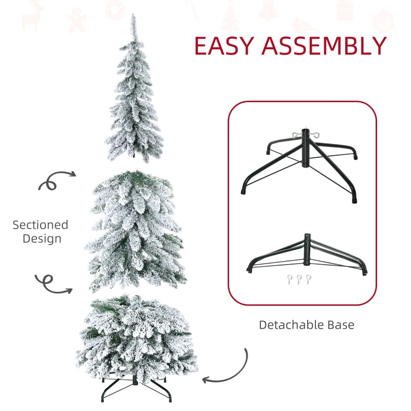 HOMCOM 6' Artificial Slim Flocked Christmas Trees, with Snow Frosted Branches, Downswept Shape, Steel Base