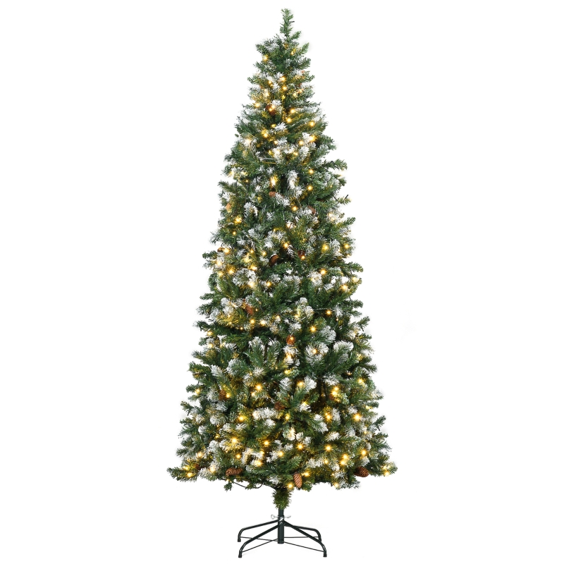HOMCOM 7.5' Decorated Christmas Trees, Skinny Prelit Artificial Christmas Tree with Snow-dipped Branches, Auto Open, Pinecones