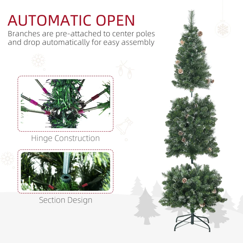 HOMCOM 6' Artificial Pencil Christmas Tree with Snow Frosted Branches, Auto Open, Steel Base