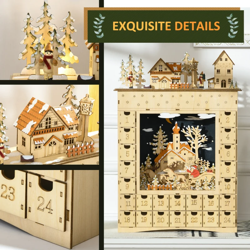 HOMCOM Christmas Advent Calendar, Wooden Countdown to Christmas Table Decoration with 24 Drawers, Lights, Battery Operated
