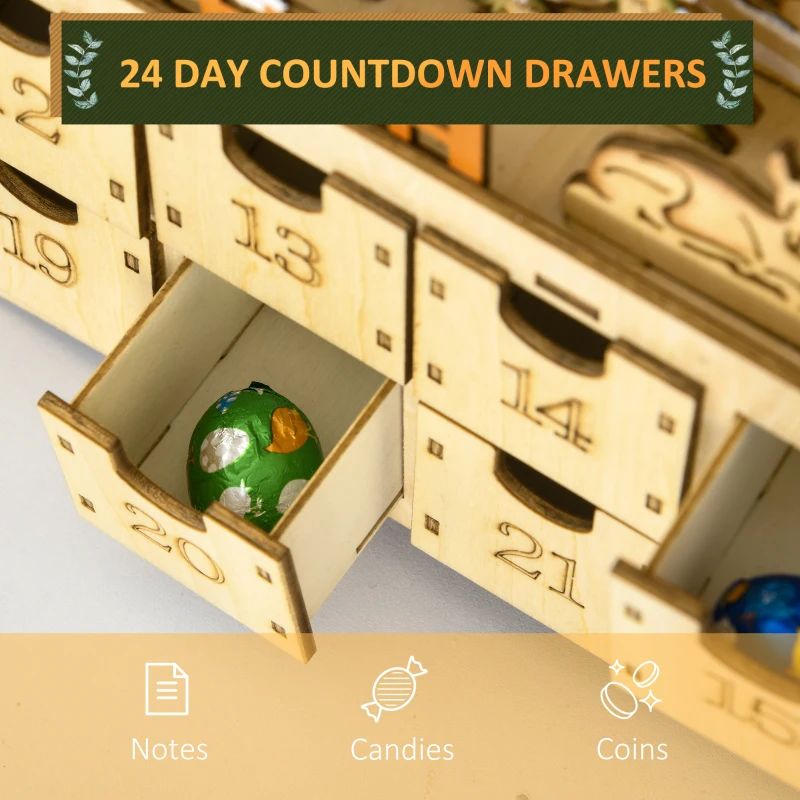 HOMCOM Christmas Advent Calendar, Wooden Countdown to Christmas Table Decoration with 24 Drawers, Lights, Battery Operated