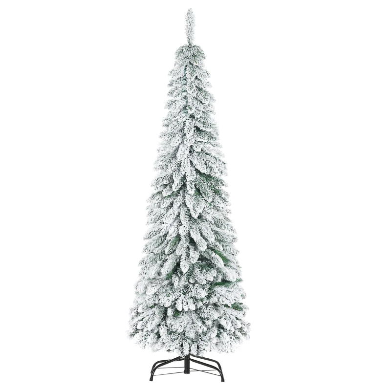 HOMCOM 6' Artificial Slim Flocked Christmas Trees, with Snow Frosted Branches, Downswept Shape, Steel Base