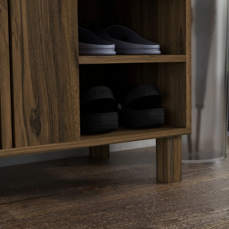 HOMCOM Shoe Storage with Double Doors and Open Shelves 17 Pair Shoe Storage Organizer for Entryway Hallway Walnut