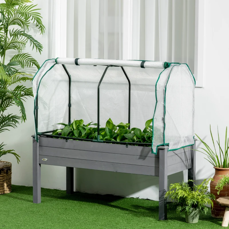 Outsunny Raised Garden Bed with PE Greenhouse Cover Outdoor Elevated Wood Planter Box for Herbs and Vegetables Dark Gray