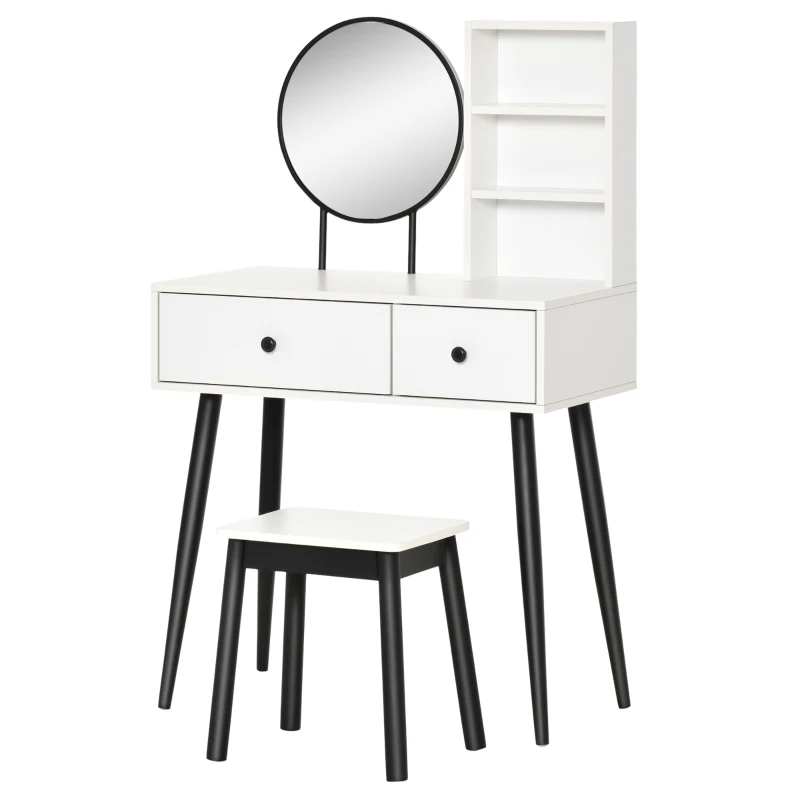 HOMCOM Vanity Table with Stool, Makeup Vanity with Wood Dressing Table with Storage Drawers and Shelf for Bedroom, White and Black