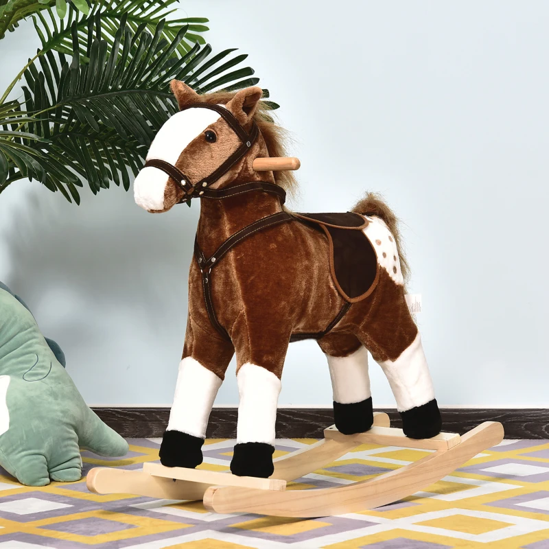 Qaba Baby Rocking Horse, Children Plush Animal Rocker, Kid Ride on Toy with Realistic Sound,  Handle Grip, Brown