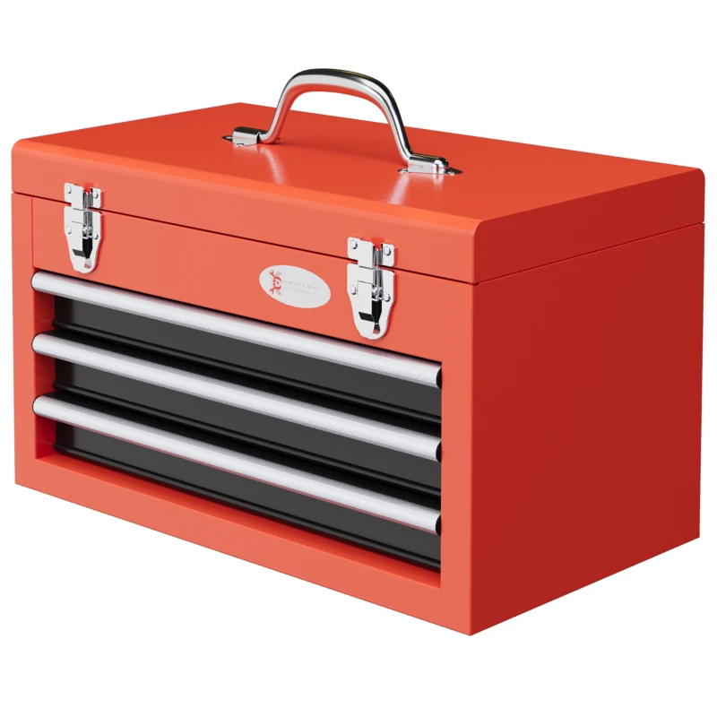 DURHAND 3 Drawer Tool Chest with Metal Latch Closure, Portable Tool Box for Garage, Household and Warehouse, Red