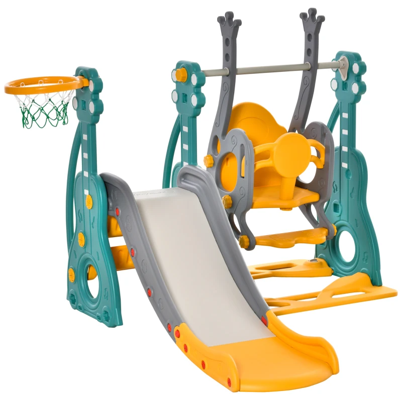 Qaba 4-in-1 Kids Slide and Swing Set with Basketball Hoop and Adjustable Seat Height, Toddler Play Climber Slide Playset for Indoor and Outdoor