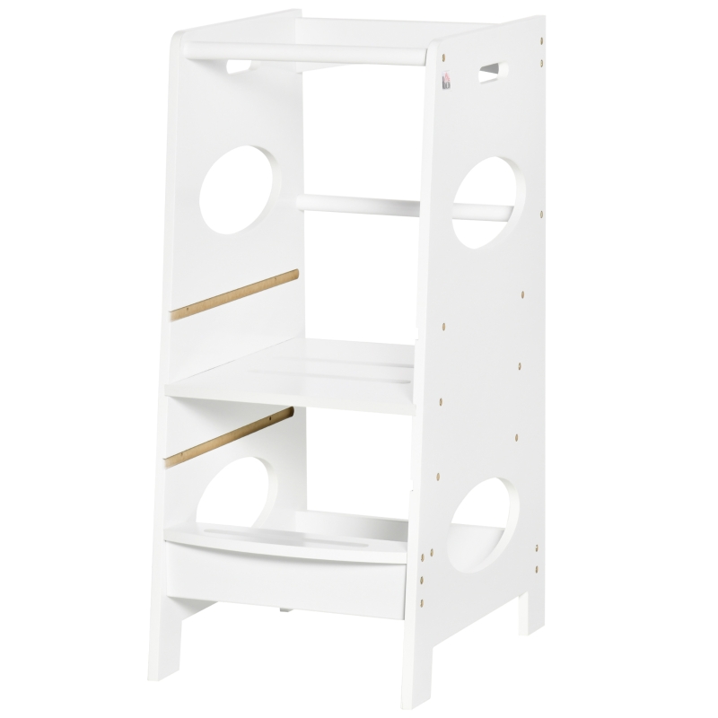 HOMCOM Toddler Tower Kitchen Helper with 3-Level Adjustable Height, Heavy-Duty Kids Step Stool with Safety Rail, White