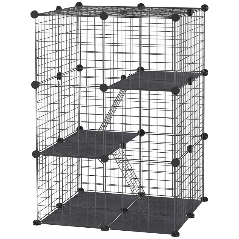 PawHut 39 Pcs Small Animal Cage Bunny Hutch Portable Metal Wire with Ramps for Kitten Chinchilla, Black