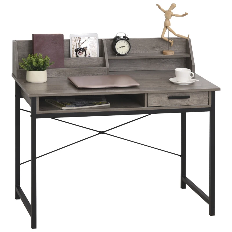 HOMCOM Industrial Computer Desk with Drawer and Open Shelves, Writing Table with Hutch for Home Office, Grey