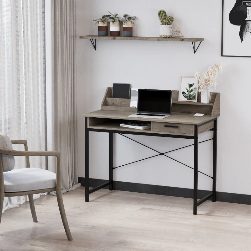 HOMCOM Industrial Computer Desk with Drawer and Open Shelves, Writing Table with Hutch for Home Office, Grey