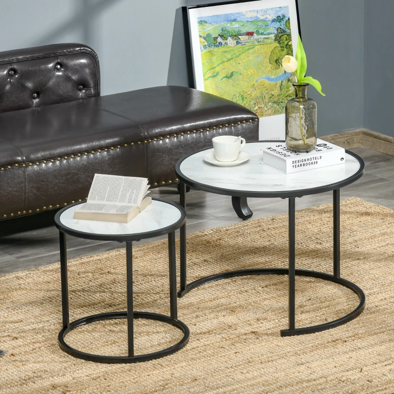 HOMCOM Round Nesting Coffee Table Set of 2, Stacking Modern Accent Tables with Faux Marble Tabletop and Metal Frame for Living Room, White