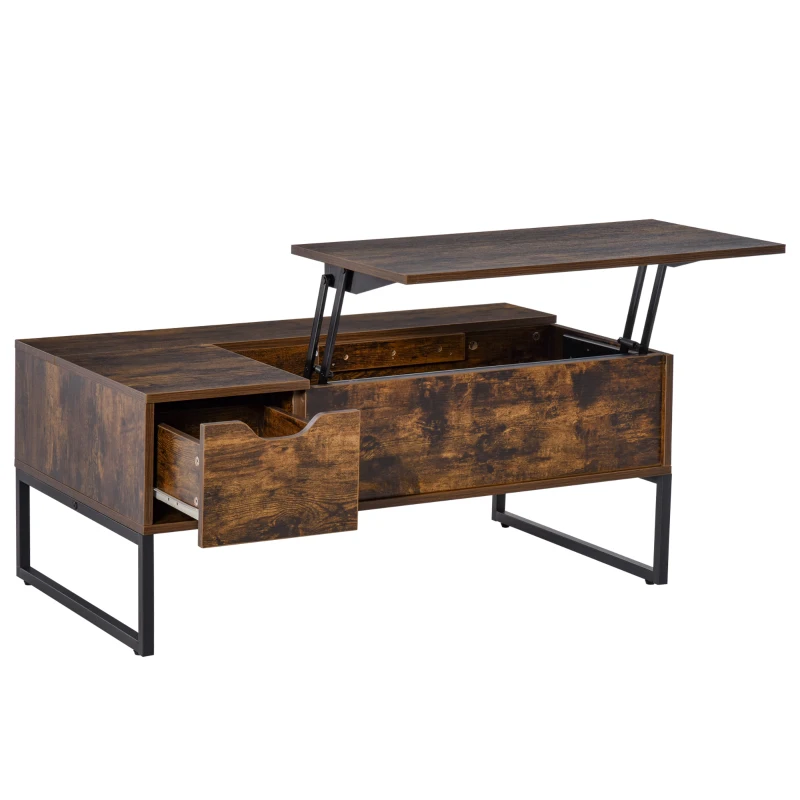 HOMCOM Wood Lift Top Coffee Table with Hidden Storage Compartment, Side Drawer with Metal Frame Design, Lift Tabletop Dining Table for Home, Living Room, Office