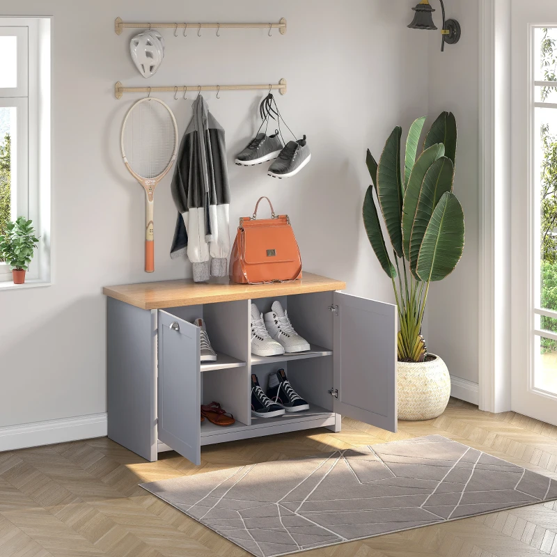HOMCOM Shoe Cabinet with Double Doors, Shoe Storage Cabinet with 4 Compartments for Hallway, Entryway, Grey