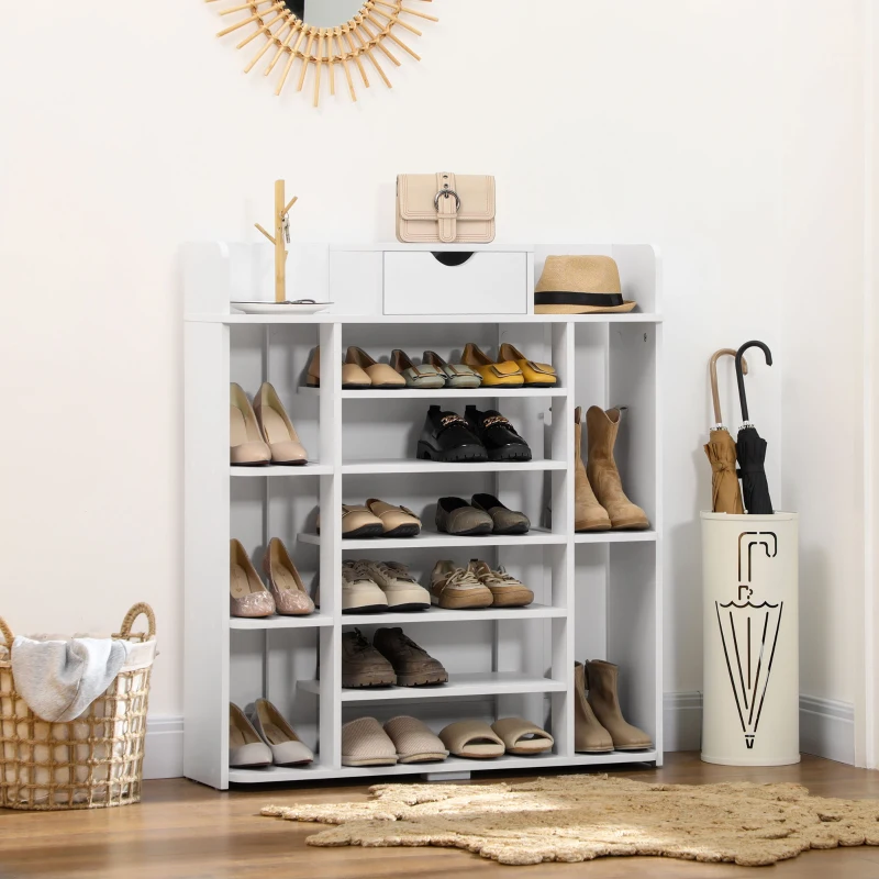 HOMCOM 7-Tier Shoe Rack, Shoe Storage Organizer with Drawer and 11 Open Shelves for 17 Pairs of Shoes, Space Saving Shoe Shelf for Hallway and Living Room, White