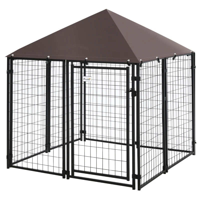 PawHut Outdoor Dog Kennel, Welded Wire Steel Fence, Lockable Pet Playpen Crate, with Water-, UV-Resistant Canopy Top, Door, 4.6ft x 4.6ft x 5ft, Black