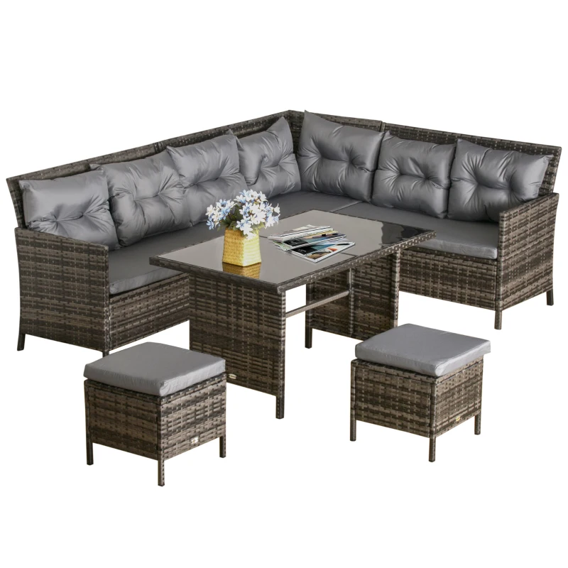 Outsunny 6pcs Outdoor Rattan Sofa Set Garden Wicker Sectional Couch Furniture Set with Dining Table and Chair Dark Grey