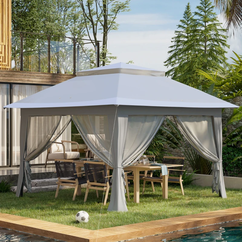 Outsunny 12' x 12' Foldable Pop-up Party Tent Instant Canopy Sun Shade Gazebo Shelter Steel Frame Oxford w/ Roller Bag, Light Grey