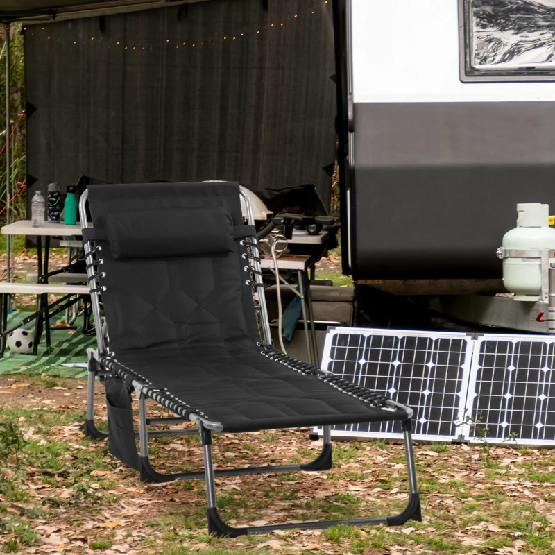 Outsunny Folding Chaise Lounge Chair, Outdoor Padded Reclining Chair with 5-position Adjustable Backrest, Pillow and Pocket for Patio, Deck, Beach, Lawn and Sunbathing, Black