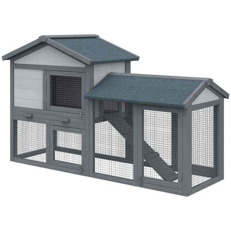 PawHut Wood Rabbit Hutch Backyard Bunny Cage Small Animal House Asphalt Roof w/ Ramp and Outdoor Run Dark Grey