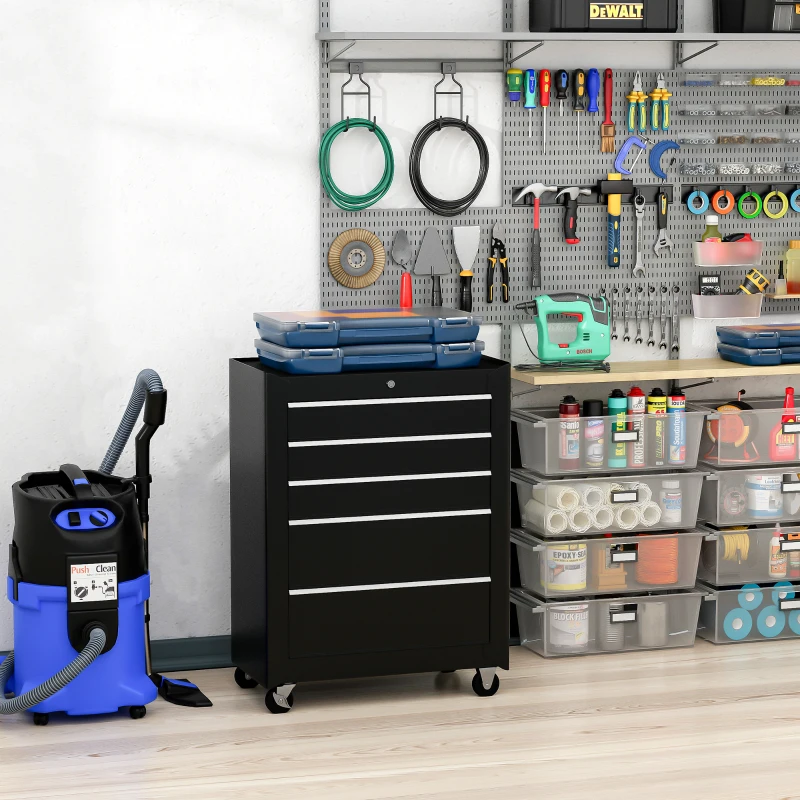 HOMCOM 5-Drawer Rolling Tool Cabinet on Wheels, Lockable Tool Chest, Tool Organizer for Garage, Factory and Workshop, Black