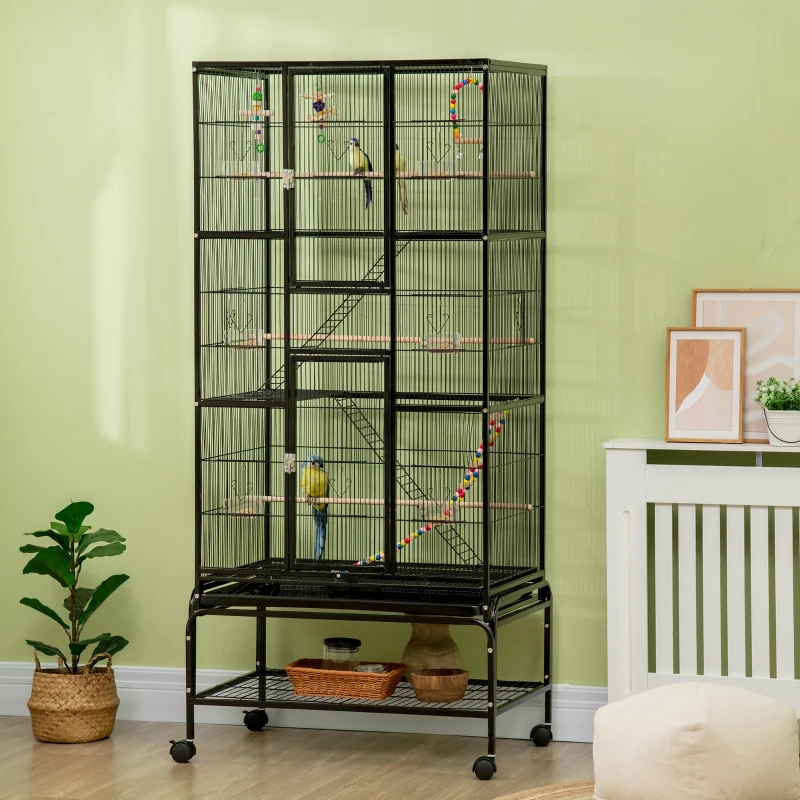 PawHut 71" Bird Cage with Wheels Perches, Ramp, Storage Shelf, Toys for Canaries, Finches, Cockatiels, Parakeets, Black
