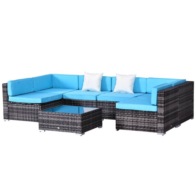 Outsunny 7 Pieces Outdoor Rattan Furniture Set, Patio Wicker Sectional Conversation Sofa Set w/ Cushions & Coffee Table