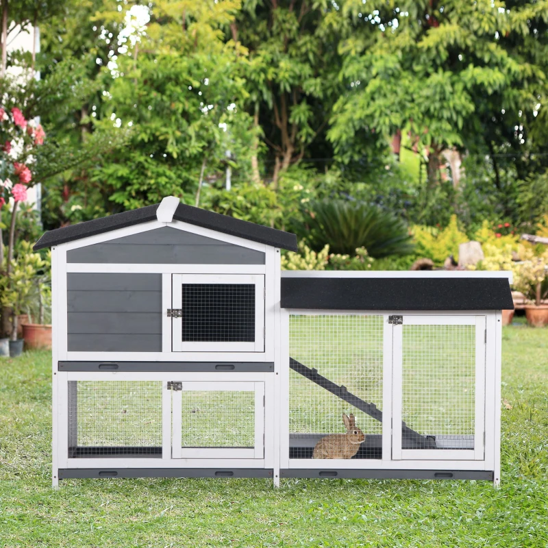 PawHut 2-tier Wooden Rabbit Hutch w/ Ramp and Outdoor Run, Grey