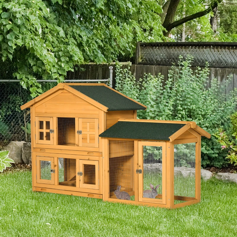 PawHut 59" Wooden Rabbit Hutch 2 Tier Bunny House Pet Playpen Enclosure for Indoor Outdoor with Slide-out Tray, Ramp, for Rabbits and Small Animals, Orange