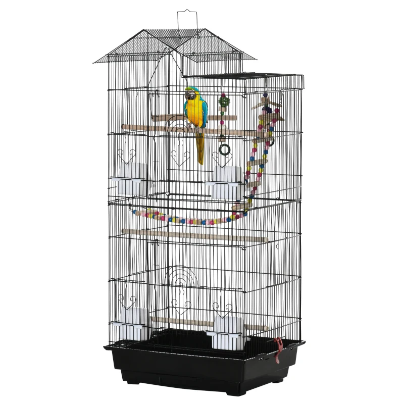 PawHut 39" Bird Cage for Budgie, Cockatiel, Conure, Small Birds, with Ladder, Swing, Toys, Perches, Tray, Feeding Bowls, Handle