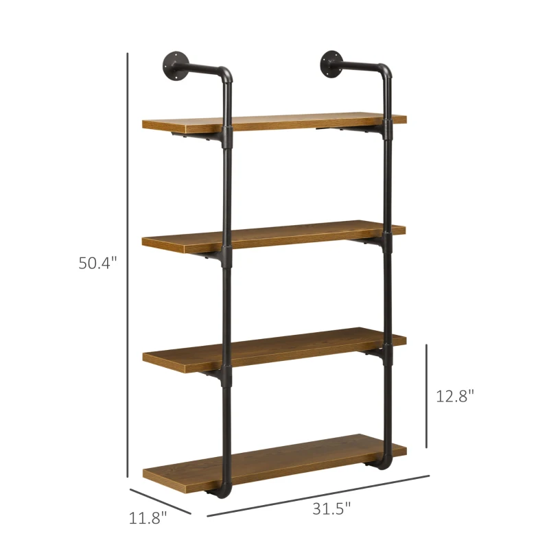 HOMCOM 4-Tier Industrial Pipe Shelves Floating Wall Mounted Bookshelf, Metal Frame Display Rack, 1" Thickness Shelving Unit for Farmhouse, Kitchen, Bar, Rustic Brown