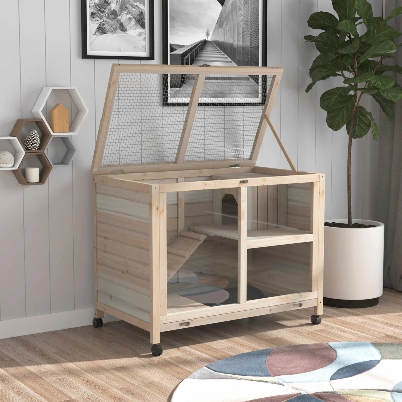 PawHut Indoor Rabbit Hutch with Wheels, Bunny Cage Guinea Pig House W/ Top Access, Ramp, Pull Out Tray, Natural Wood