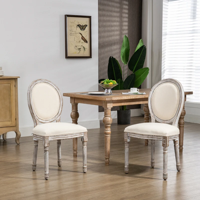 HOMCOM Dining Chairs Set of 2, French Style Linen Fabric Upholstered Kitchen Chairs with Backs and Wood Legs for Dining Room, Living Room, Bedroom, Cream White