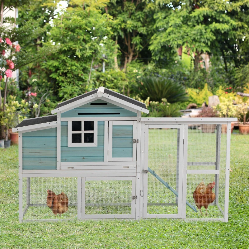 PawHut 76" Wooden Chicken Coop, Outdoor Hen House Poultry Duck Goose Cage with Outdoor Run, Nesting Box, Removable Tray and Lockable Doors, Blue