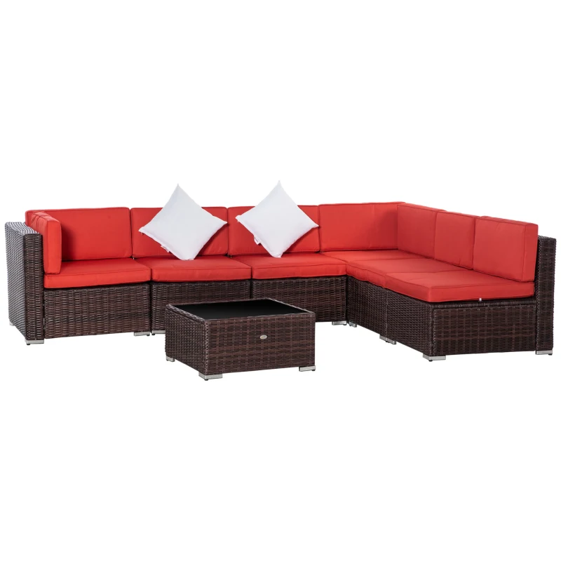 Outsunny 7 Pieces Patio Wicker Sofa Set, Outdoor PE Rattan Sectional Conversation Furniture Set w/ Tempered Glass Coffee Table & Cushion for Garden, Backyard, Red