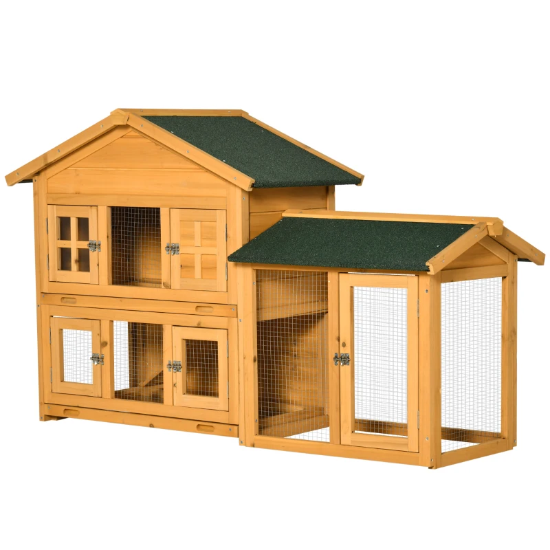 PawHut 59" Wooden Rabbit Hutch 2 Tier Bunny House Pet Playpen Enclosure for Indoor Outdoor with Slide-out Tray, Ramp, for Rabbits and Small Animals, Orange