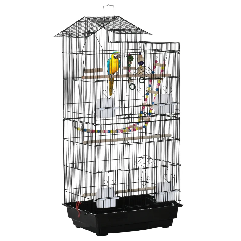 PawHut 39" Bird Cage for Budgie, Cockatiel, Conure, Small Birds, with Ladder, Swing, Toys, Perches, Tray, Feeding Bowls, Handle